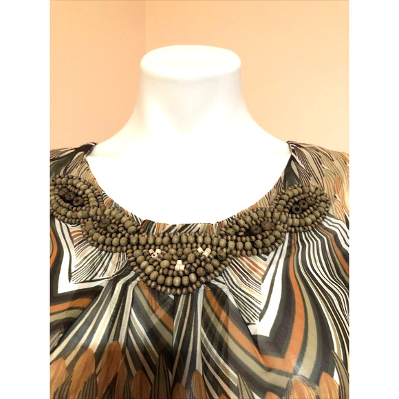 TRAVELSMITH Sheer Brown Feather Animal Print Beaded Collar Tunic Blouse Small - Picture 3 of 9